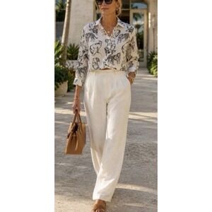Cynthia Crowley Animal Print Linen Button Up Shirt Small White Black Classic